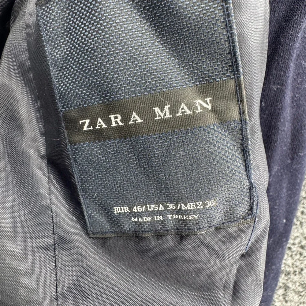 Zara Man Navy Blue Two Button Blazer Elbow Patches Faux Leather Trim USA 36